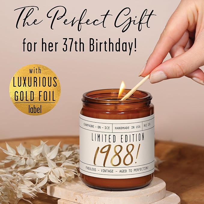 37th Birthday Gifts for Women - 'Limited Edition 1988' Soy Candle, w/Champagne on Ice I 37 Birthday Gifts for Women I 37th Gift for Her Ideas I 9oz Reusable Jar, 50Hr Burn, Made in USA