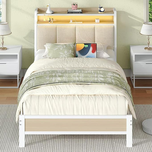 Twin Bed Frame with Storage Headboard, Metal Platform Bed Frames Twin with LED Lights and Charging Station, Heavy Duty Metal Slats, No Box Spring Needed, Easy Assembly, Beige