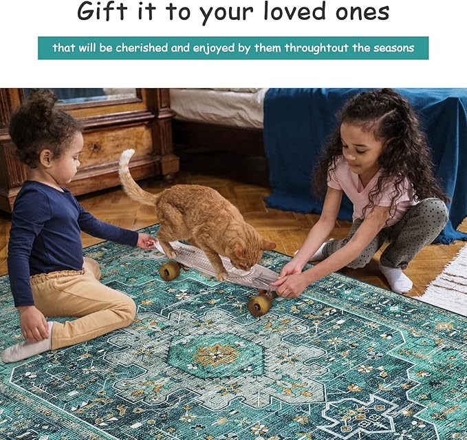 Moynesa Ultra-Thin Vintage Area Rug - 8x10 Teal Bedroom Rug for Living Room Non-Shedding Stain Resistant Playroom Mat, Indoor Printed Boho Floor Carpet for Dining Table Office Decor