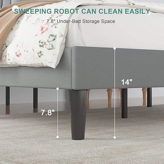 VECELO Queen Size Bed Frame with Adjustable Headboard, Upholstered Button Tufted Platform Bedframe with Wood Slats Support, No Box Spring Needed, Light Grey