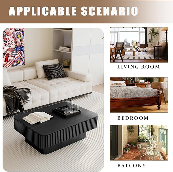 38.6" Lift Top Coffee Table with Storage, Fluted Coffee Table with Solid Wood Veneered, Mid Century Modern Wooden Center Table, Accent Tea Table for Living Room Apartment, Black