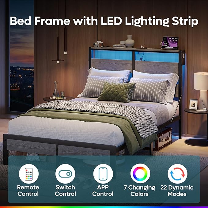 Bestier Queen Bed Frame with Storage Headboard and Charging Station, Grey Platform Bed Frame with LED Light, Non-Slip Metal Bed Frame, Noise-Free, Easy Assembly