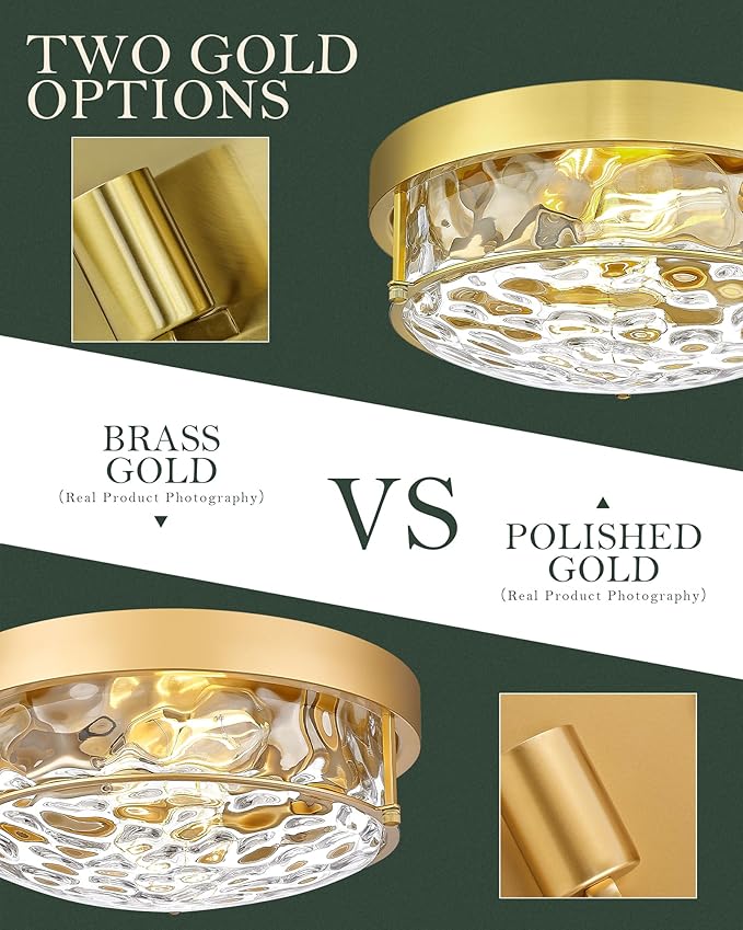 Polished Gold 12" Ceiling Fixture – Hammered Glass, Farmhouse-Inspired Flush Mount for Bedroom, Living Room, or Dining Area - CKCL4822-2W-HGPG