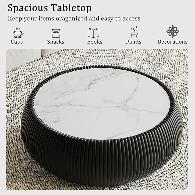 Black Round Coffee Table with Sintered Stone Tabletop, 27.55" Drum Coffee Table with Fluted PU Leather Covered and Stable Base, Circle Cocktail Tea Table for Living Room