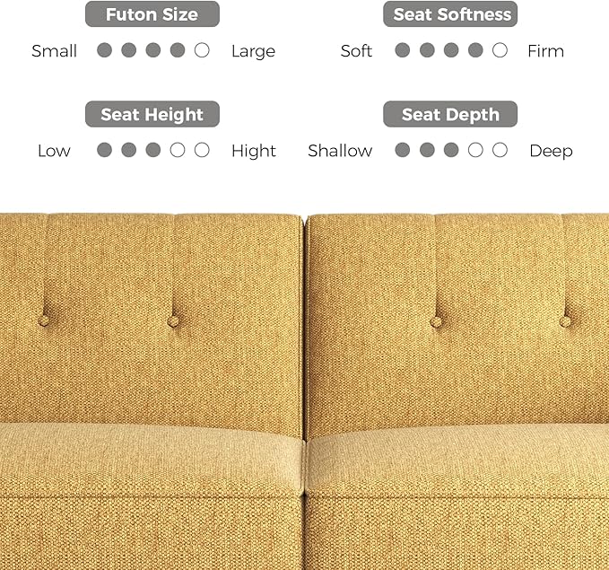 89” Futon Sofa Bed,Comfy Futon Couch Bed with 2 Square Pillows,Convertible Sleeper Sofa with Adjustable Backrest& Armrests, Modern Loveseat Sleeper for Living Room, Bedroom, Linen Yellow