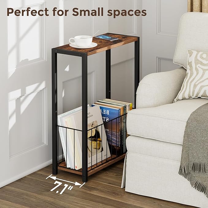 Narrow Side Tables Set of 2 with Magazine Holder, Skinny End Tables Perfect for Small Spaces, Space-Saving Design for Living Room, Bedroom, or Office, 7.1" D x 16.9" W x 23.6" H, Rustic Brown