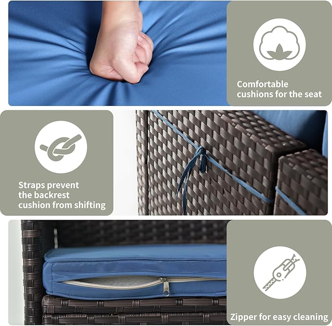 Gotland 10 Pieces Patio Furniture Set with Fire Pit Table, All Weather Rattan Outdoor Furniture with 29.5'' High Backrest 4’’ Thick Cushions Coffee Table, Outdoor Sofa for Deck, Garden, Backyard, Navy