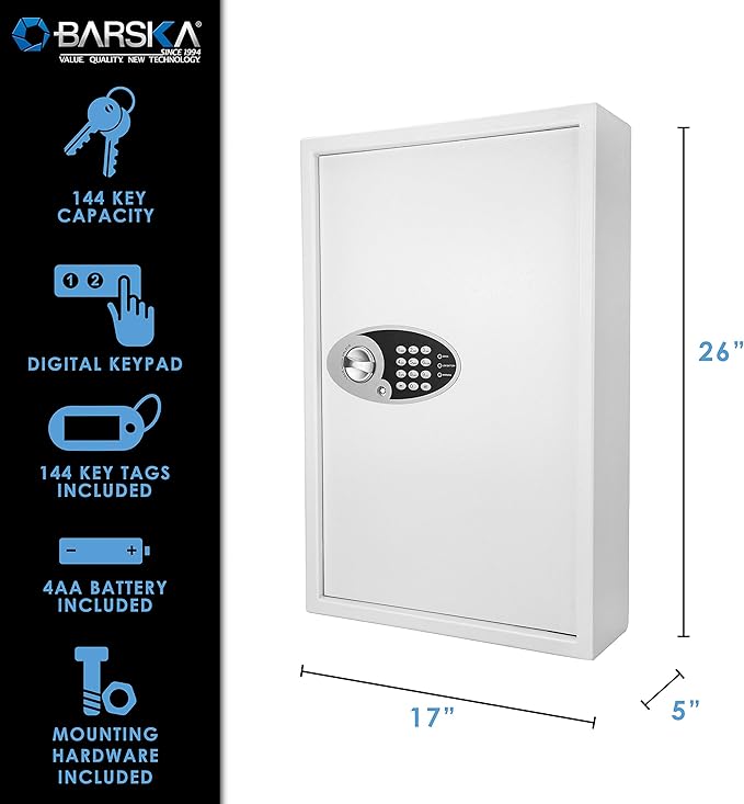 Barska Digital Key Safe Box with Drop Slot – Secure Key Cabinet for Home & Office, PIN Code Access, Backup Keys, Numbered Hooks, Color Tags, Steel Construction – Gray Finish