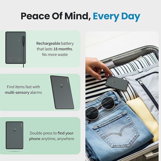 Pebblebee Tracker Card Universal - Rechargeable Slim Item Tracker | Alternative to Air Tag & Android Trackers | 18-Month Battery Life | Works with Both Android & iOS Find My Apps | LED & Sound Alerts