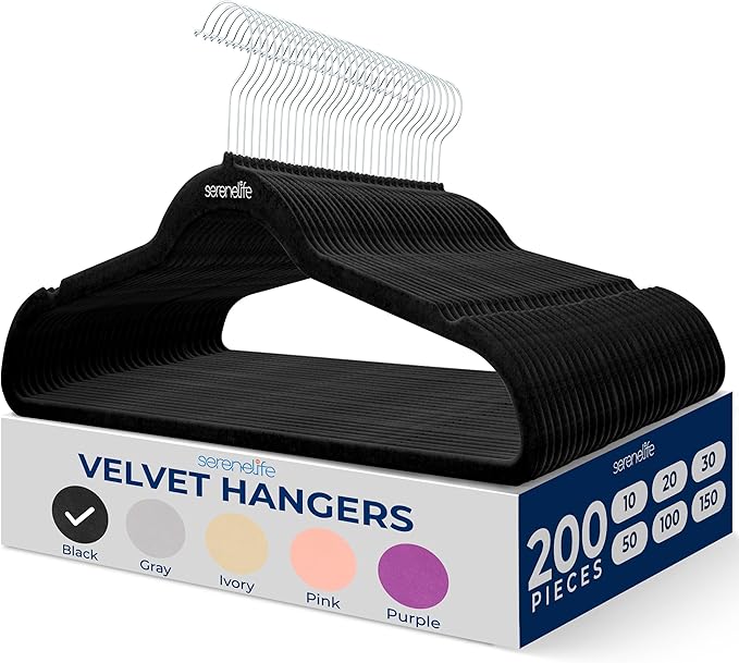 SereneLife 200 Pack Velvet Hangers - Non-Slip Felt Hangers with 360° Swivel Hook, Space-Saving, Ultra-Thin, Lightweight for Shirts, Sweaters, Hoodies, Kids Clothes & Dresses