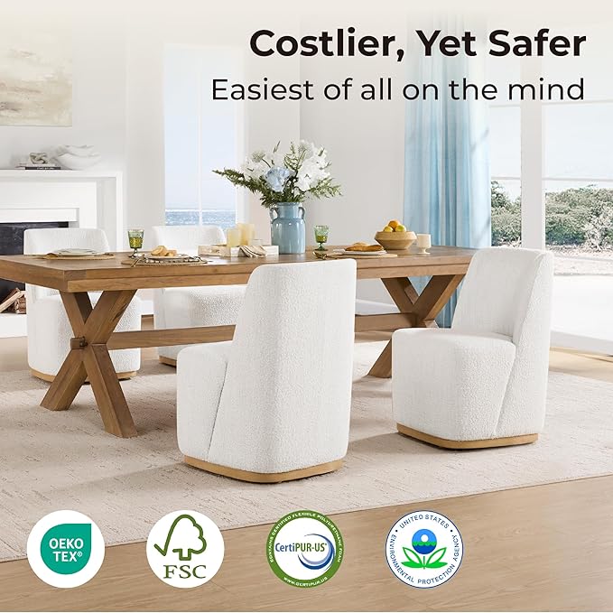 CHITA Upholstered Rolling Dining Chair on Casters Set of 4, FSC Certified Modern Fabric Dining Chair with Casters, Boucle Dining Chairs for Reading Room Kitchen Dining Room, Pearl