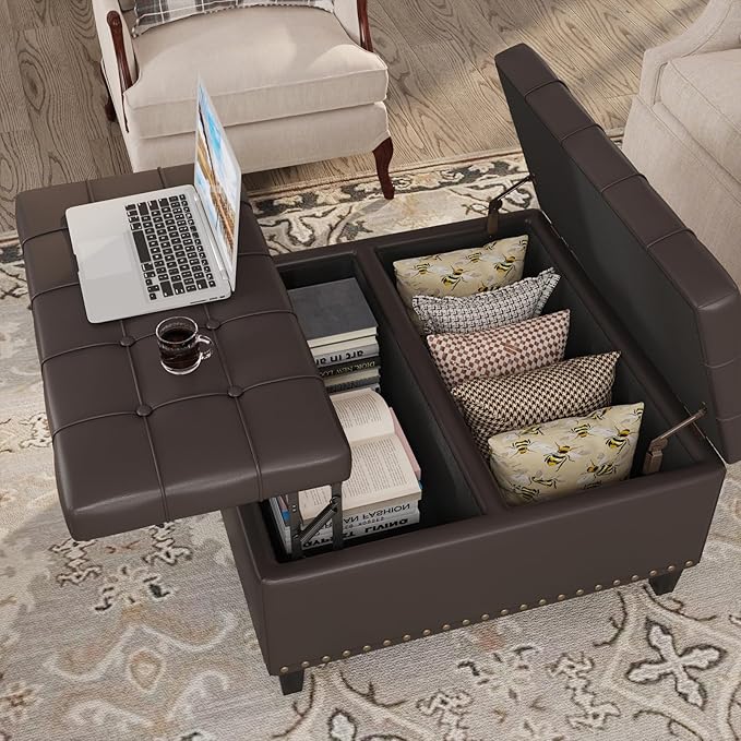 Square Leather Ottoman with Storage, Faux Leather Coffee Table with Lift Top,Large Upholstered Footrest Stool Toy Box Storage Bench for Bedroom Living Room, Chocolate