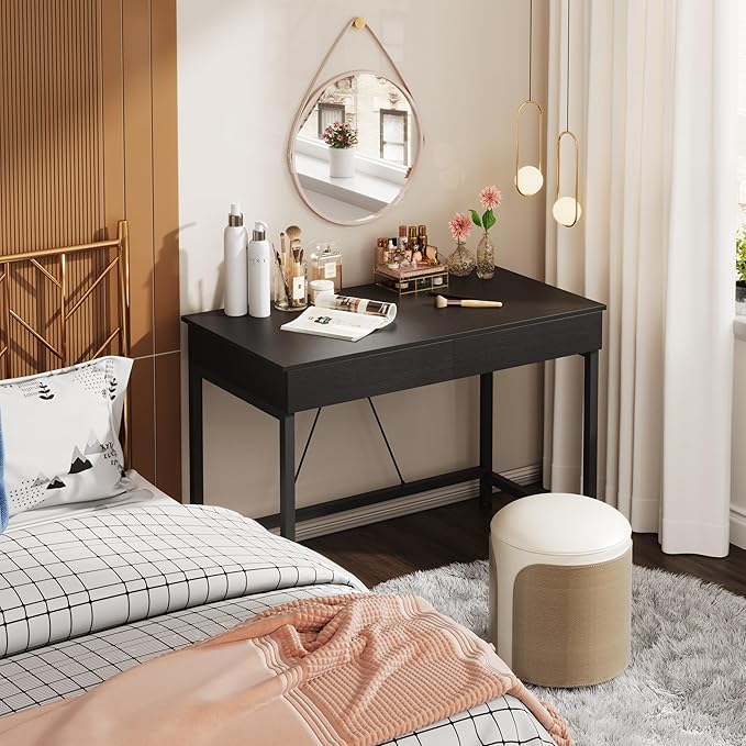 Mexin Small Black Desk with 2 Wooden Drawers, 40 Inch Home Office Writing Desk, Black Vanity Desk with Storage, Computer Desk for Bedroom Small Spaces, Table for Office, Work, Kids Study, Makeup