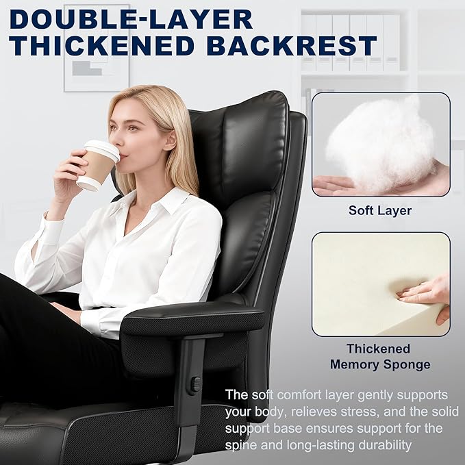 Misolant Big and Tall Office Chair with Footrest, High Back Executive Desk Chair with Adjustable Lift Armrest, 155°Recline，Lumbar Support Pillow, Faux Leather Gaming Chairs for Home or Office Black