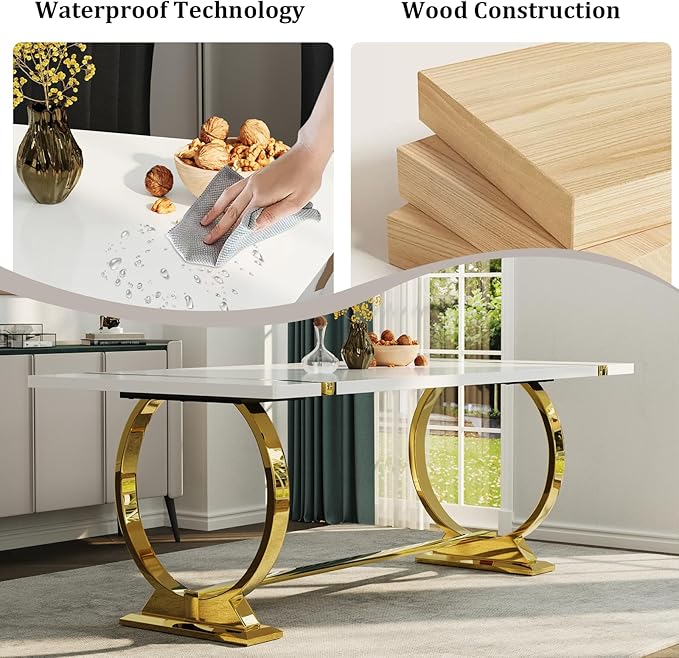 ACEDÉCOR 80in White and Gold Dining Table for 6-8, Modern Luxury Kitchen Room Table with Rectangular Lacquer Top and Gold Stainless Steel Circle Base