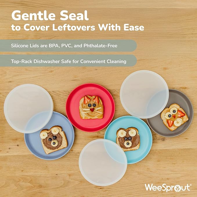 WeeSprout Bamboo Plates with Silicone Lids, Set of 4, Kid-Sized Dinnerware, Cereal, Leftovers & Snacks, Dishwasher Safe Melamine Dishware (Blue, Green, Gray, & Beige)