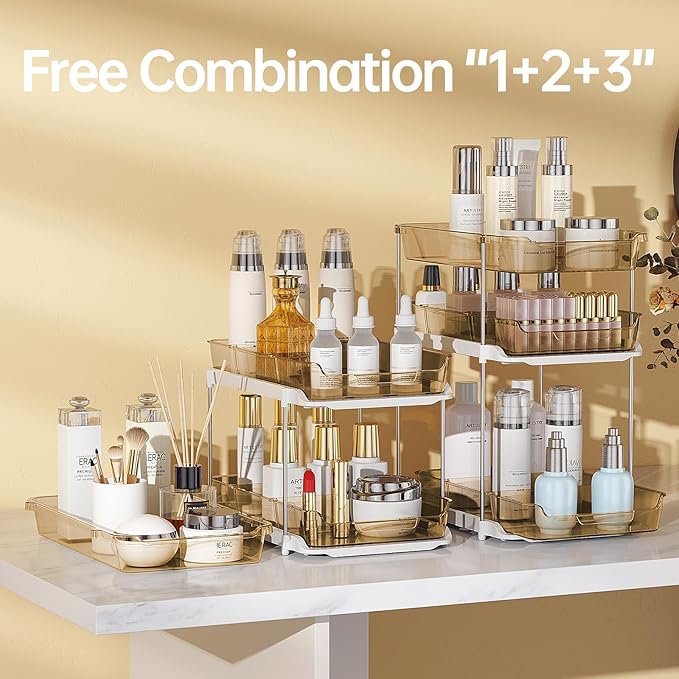 Delamu 2 Pack 3-Tier Bathroom Under Sink Organizers and Storage, Multi-Purpose Stackable Pantry Organization and Storage, Pull Out Clear Kitchen Bathroom Cabinet Organizer with Movable Dividers, Amber