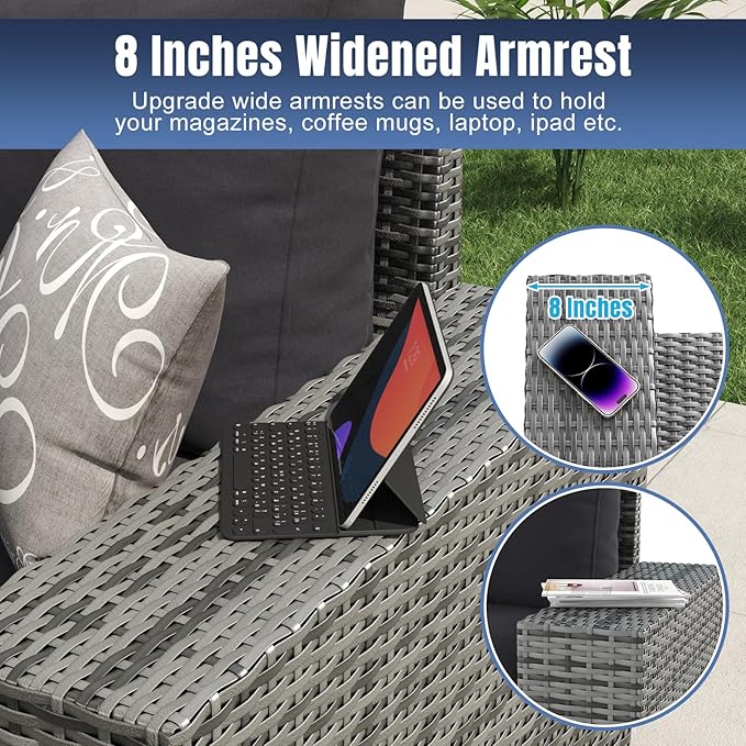 Aoxun 12 Pieces Patio Furniture Set Wicker Rattan Outdoor Sectional Conversation Set with Coffee Table and 4” Thickened Cushions, Gray Black (Waterproof Cover Included)