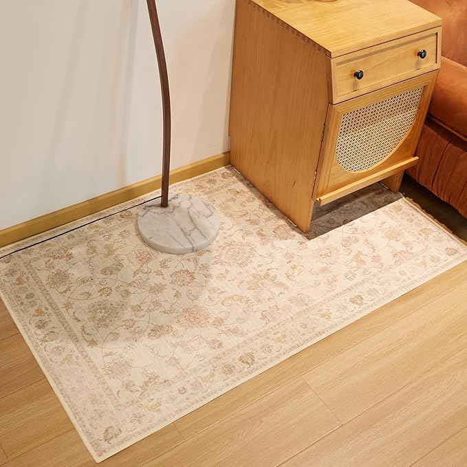 3x5 Soft Washable Area Rugs for Living Room and Bedroom, Non-Slip Stain Resistant Indoor Carpet, Cozy Floor Mat for Dining Room, Office, Stain Resistant Entryway Persian Beige Floral