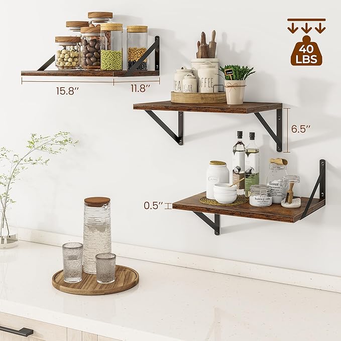 Deep Floating Shelves for Wall, 12 Inch Deep Floating Shelves Set of 3, 16W x 12D Wood Wall Shelves, Wide Wood Shelves with Metal Bracket for Living Room, Kitchen, Office, Bedroom - Rustic Brown