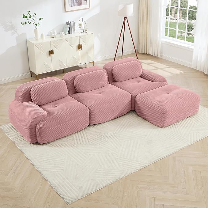 Pink Ottoman for Modular Sectional Sofa, Corduroy Deep Seat for Oversized Compressed Boneless Sectional Couches for Living Room Bedroom Apartment, Cloud Sofa Couch Set, Memory Foam, No Assembly