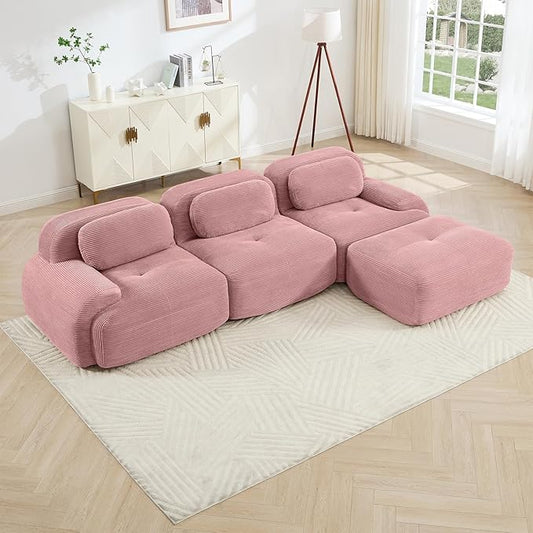 116" Modern Corduroy Cloud Sofa with Ottoman, L Shaped Boneless Modular Large Sectional Couches for Living Room, Pink 3 Seater Compressed Memory Foam Couch, Extra Deep Seat, No Assembly