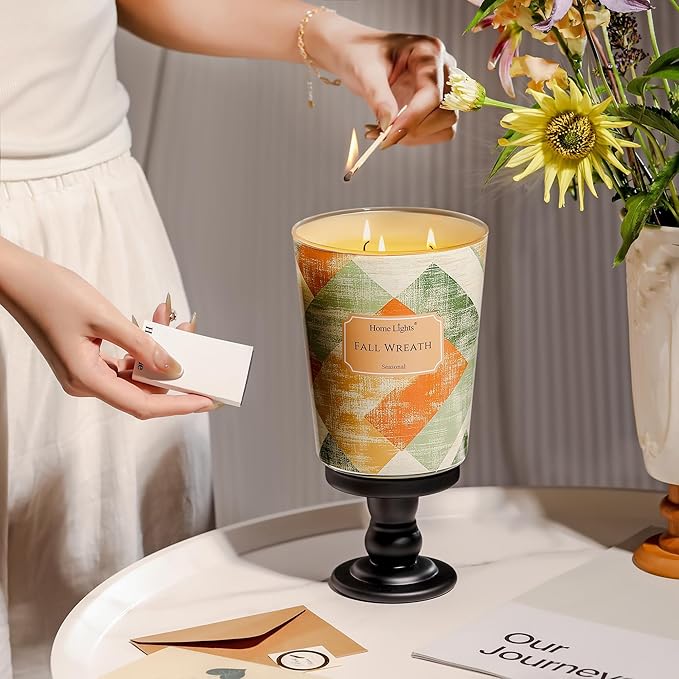 HomeLights Large jar Candle | 3-Wick Long-Lasting Scented Candles, 34oz Natural Soy Wax Candle for Home Scented, Rustic Modern Gifts for Women & Men, Fall Wreath