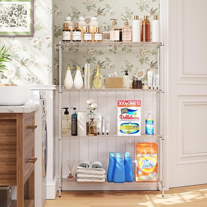 4-Tier Storage Shelves 35.4" L x 13.3" W x 53.7" H Metal Garage Shelves Standing Storage Shelf Adjustable Layer Racks with Steel Frame, Suitable for Kitchen, Garage or Commercial Use (Chrome)