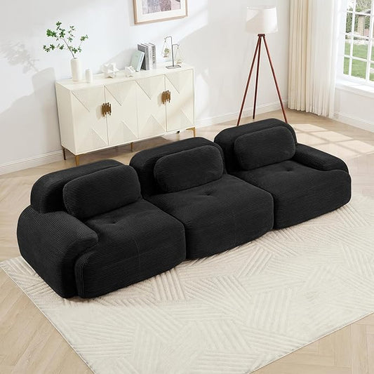 116" Modern Compressed Boneless Couch, 3 Seater Sectional Couches for Living Room, Black Corduroy Cloud Modular Sectional Sofa, Comfy Memory Foam, Extra Deep, Sofas para Sala, No Assembly