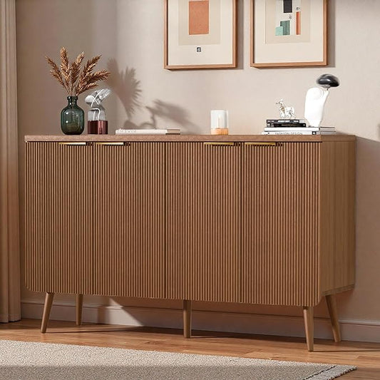 4-Door Fluted Sideboard Buffet Cabinet, 47" Large Storage Cabinet with Shleves, Wood Modern Accent Credenza Kitchen Table for Dining Room, Living Room & Entryway, Walnut