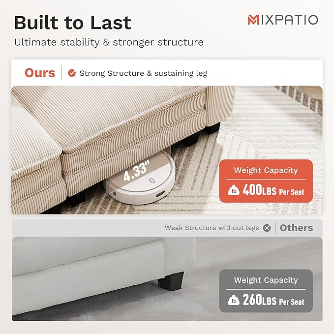 U-Shaped Cloud Modular Sofa Set, Deep Seat 3-Piece 6-Seater Sectional Couch & Removable Arms, Plush Corduroy for Living Room - Beige