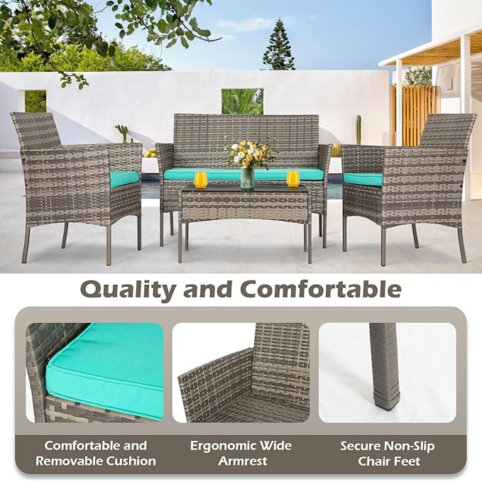 FDW | 4-Piece Patio Furniture Set | Gray & Blue | Outdoor Wicker Furniture with Coffee Table | Modern Rattan Chairs Conversation Set | Outdoor Seating | Weather-Resistant | for Porch, Garden, Lawn