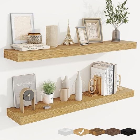 fuqing Floating Shelves for Wall, Wall Mounted Wood Floating Shelf with Invisible Brackets for Living Room, Bathroom, Bedroom, Kitchen Storage and Decor, 40 Inch Set of 2, Oak