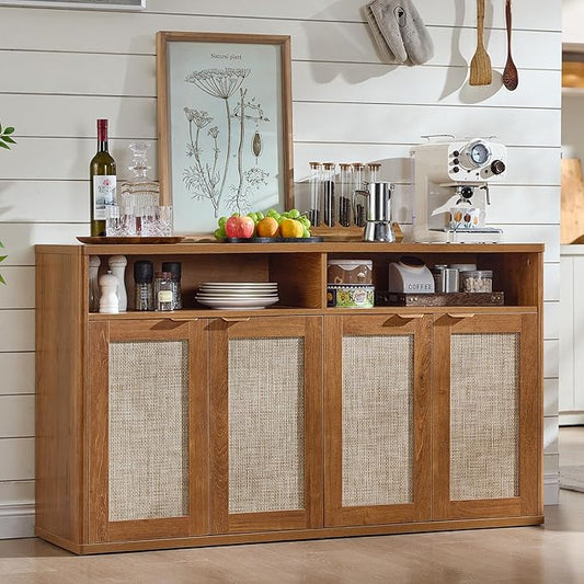 LEYAOYAO Rattan Sideboard Buffet Cabinet,55" Coffee Bar Cabinet with 4 Doors & Open Storage Shelf,Modern Credenza Console Table for Living Room Rattan Farmhouse entryway Brown