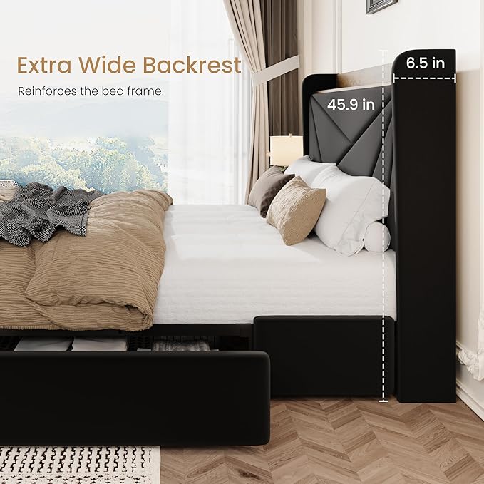 SHA CERLIN Full Size Bed Frame with 3 Drawers, USB & Type-C Charging Ports, Velvet Upholstered Platform Bed with Modern Geometric Wingback Storage Headboard, No Box Spring Needed, Easy Assembly, Black