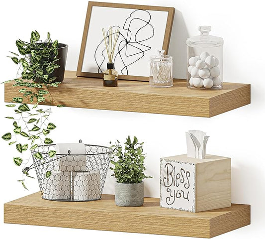 Vivelove Floating Shelves for Wall Mounted, 16 inchs Shelf for Small Bathroom, Bedroom, Living Room, Kitchen, Modern Home Decor, Rustic Farmhouse Wall Shelves with Invisible Brackets - Set of 2, Oak