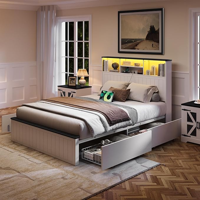 Yoobure Full Size Bed Frame with Headboard - Farmhouse Wood Bed Frames with 4 Storage Drawers, Platform Beds with Charging Station & LED Light, No Noise Double Bedframe, No Box Spring Needed, White