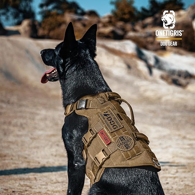 OneTigris Large Tactical Dog Harness, No Pulling Adjustable Dog Vest Harness, Heavy Duty Dog Harness with Handle, Large Hook and Loop Panels for Patch Brown