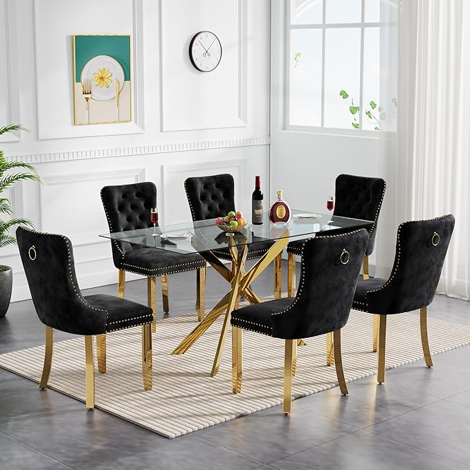 Goujxcy Glass Dining Table Set for 6, Modern Kitchen Table and Chairs Set of 6, 7-Piece Kitchen Dining Room Table Set w/51 Glass Gold Dining Table and 6 Black Velvet Upholstered Chairs
