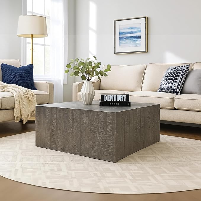 TUP THE URBAN PORT Rydan Coffee Table | 33 Inch Square Block Top | Sandblasted Gray Mango Wood