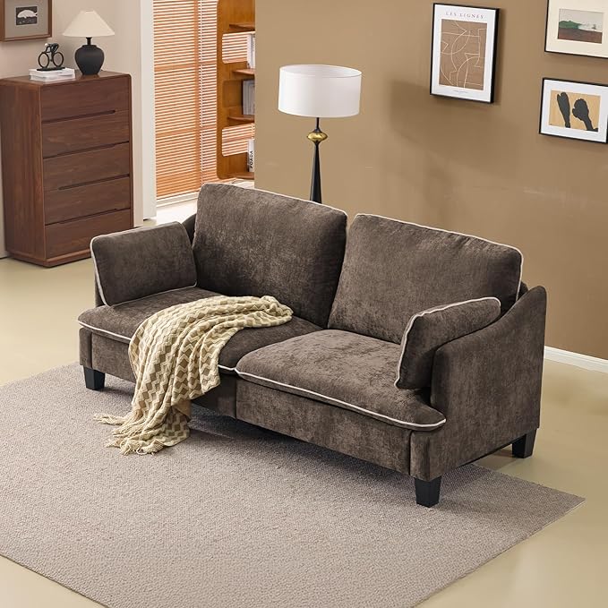 VINGLI 84" W Oversized Comfy Two Seat Love Seat, 37" Extra Deep Seat Piping Design Loveseat Couch with Two Pillows, Linen Fabric Modern Small Sofa for Small Living Room, Bedroom, Brown