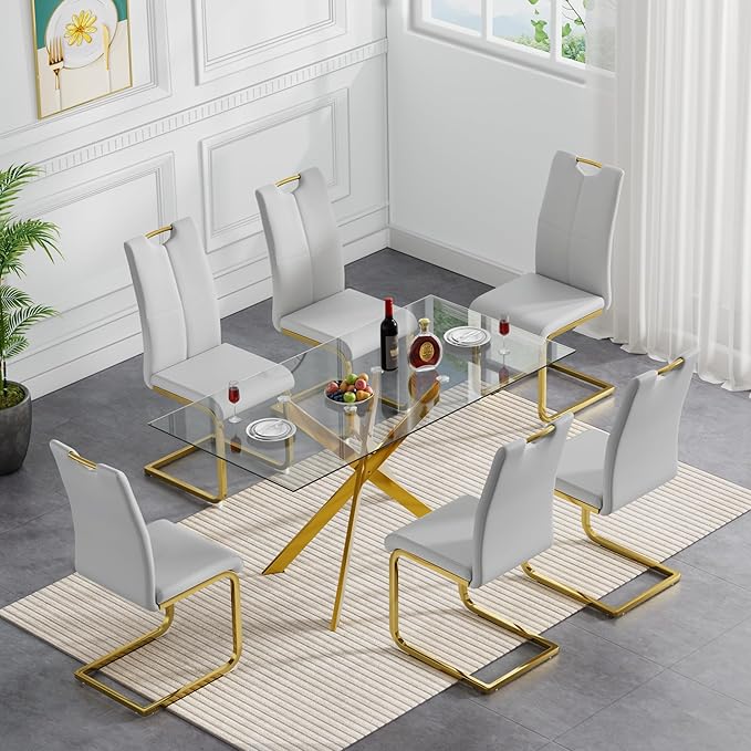 51'' Gold Glass Dining Table Set for 6,7 Piece Kitchen Table and Chairs Set with Metal Legs and 6 PU Leather Dining Chairs for Kitchen Room Small Spaces
