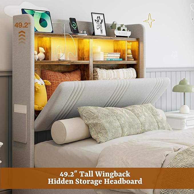 IKIFLY Twin XL Bed Frames with Hidden Storage Headboard & 4 Drawers, 49.2” Tall Upholstered Wingback Headboard with LED Lights and Charging Station, No Box Spring Needed, Solid Wood Slats, Light Grey
