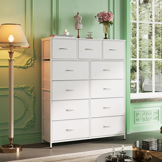 WLIVE Storage Organizer Unit with 11 Fabric Bins, Storage Drawers Organizer with Steel Frame, Tall Storage Tower Organizaton for Living Room, Hallway, Office, White