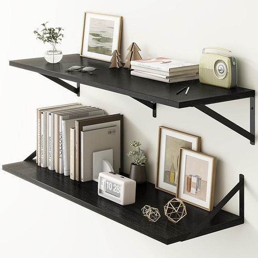 Fun Memories 40 Inch Floating Shelves, 12 Inch Deep Wall Shelf, 40 x 12 Floating Shelf Set of 2, Black Wood Floating Shelf Wall Mounted, Large Kitchen Living Room Bedroom Storage Shelves