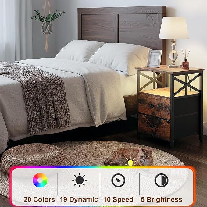 AMHANCIBLE Night Stand Set 2, LED Nightstand with Charging Station, End Tables Living Room with Fabric Drawers, Bedside Table for Bedroom, Rustic Brown, HET052LBR