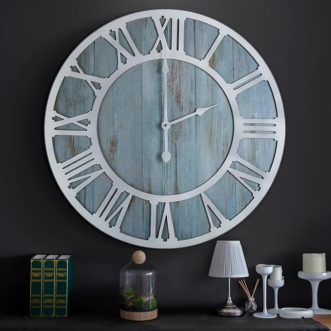 1st owned Wall Clocks for Living Room Decor,24" Vintage,Round Silent Non Ticking,Black Metal,Modern Wood Clocks for Home Bedroom,Kitchen,Garden,Office,Cafe,Modern Wall Decoration -Roman Numerals