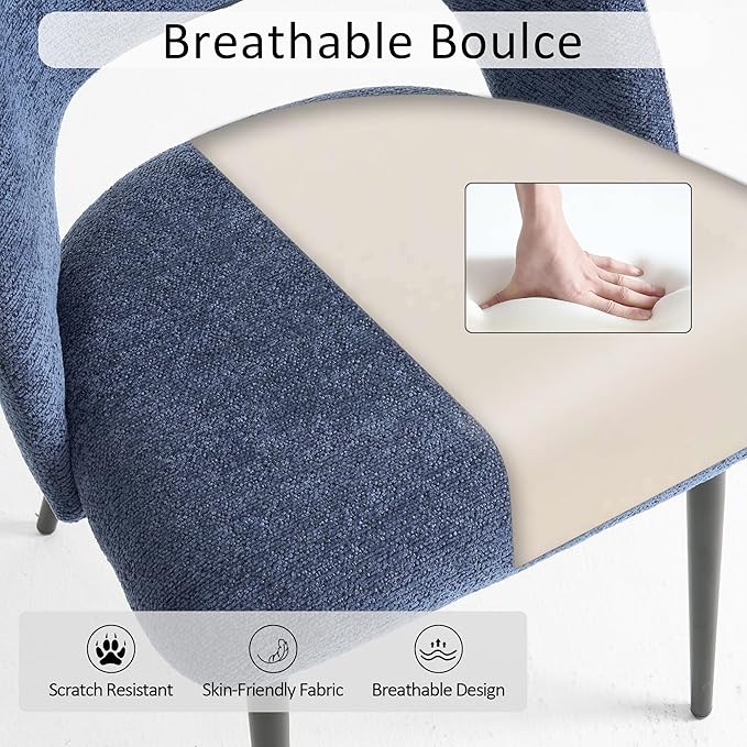 Rowill Boucle Dining Chairs Set of 2, Morden Upholstered Dining Room Kitchen Chairs with Metal Legs for Living Room, Bedroom, Restaurant, Blue