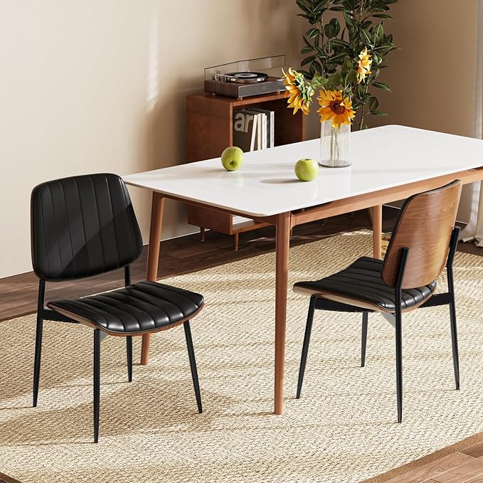 Modern Green Leather Dining Chair Set of 2, Bentwood Backrest & Black Metal Frame Ergonomic Comfort, Sustainable Style, Multi-Space Versatile, Black
