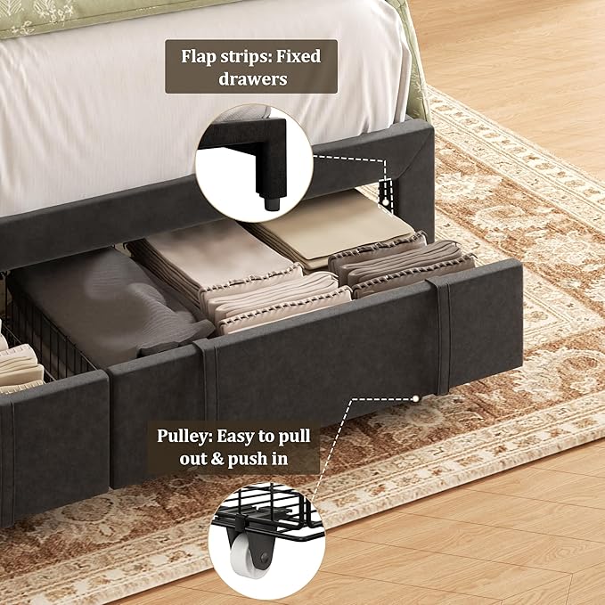 Full Bed Frame with Storage Drawers, Upholstered Full Size Platform Bed with 47" Tall Headboard and Wingboard, No Box Spring Needed, Noise Free, Easy Assembly, Wooden Support Slats, Black